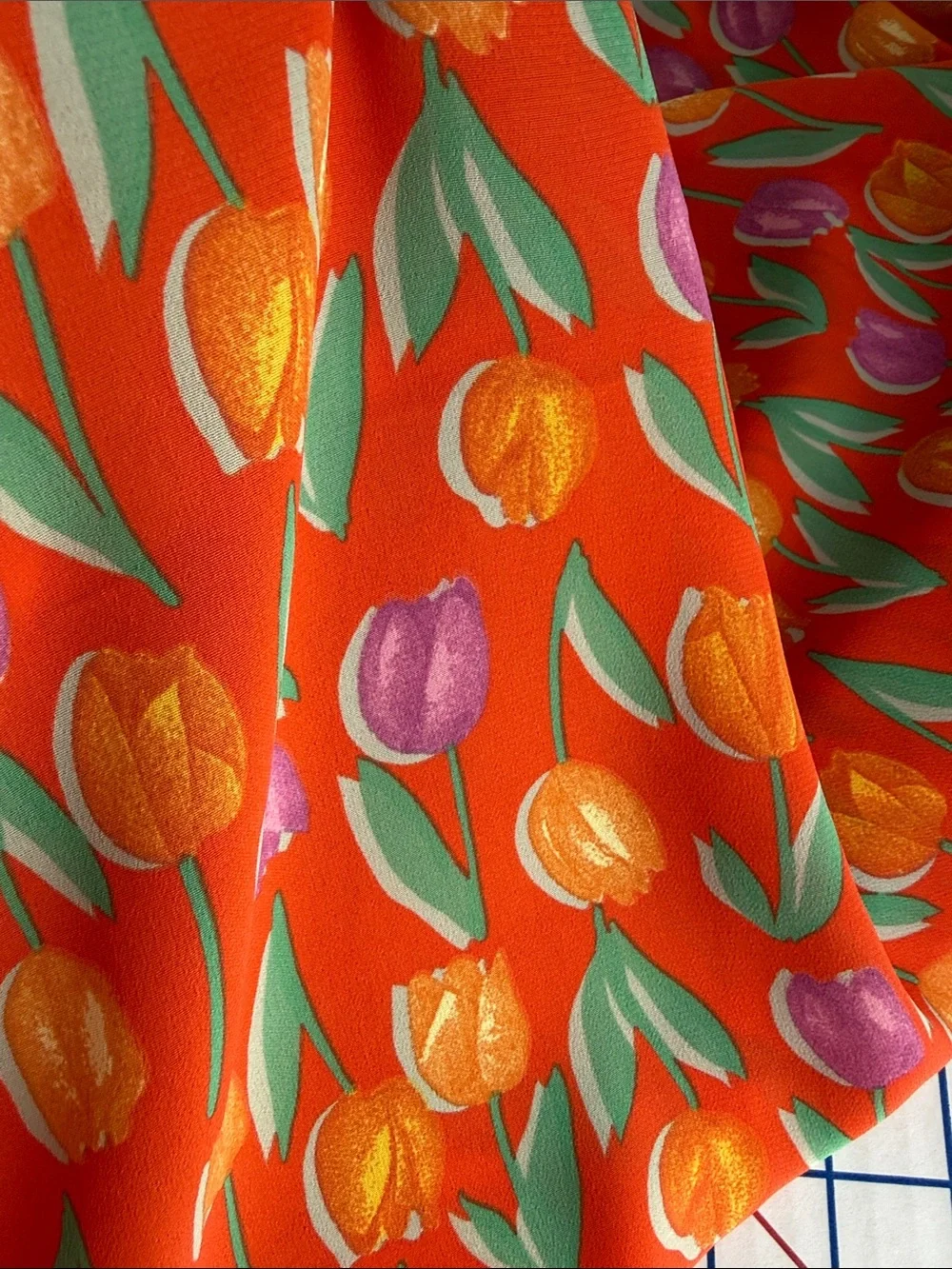 Vintage John Kaldor Fabric 3 Yds Tulip Floral Orange/Red Crepe Semi Sheer 44”